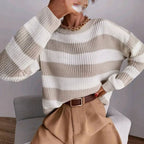 Women's Striped Crew-Neck Jumper with Ribbed Cuffs, Apricot, view 4