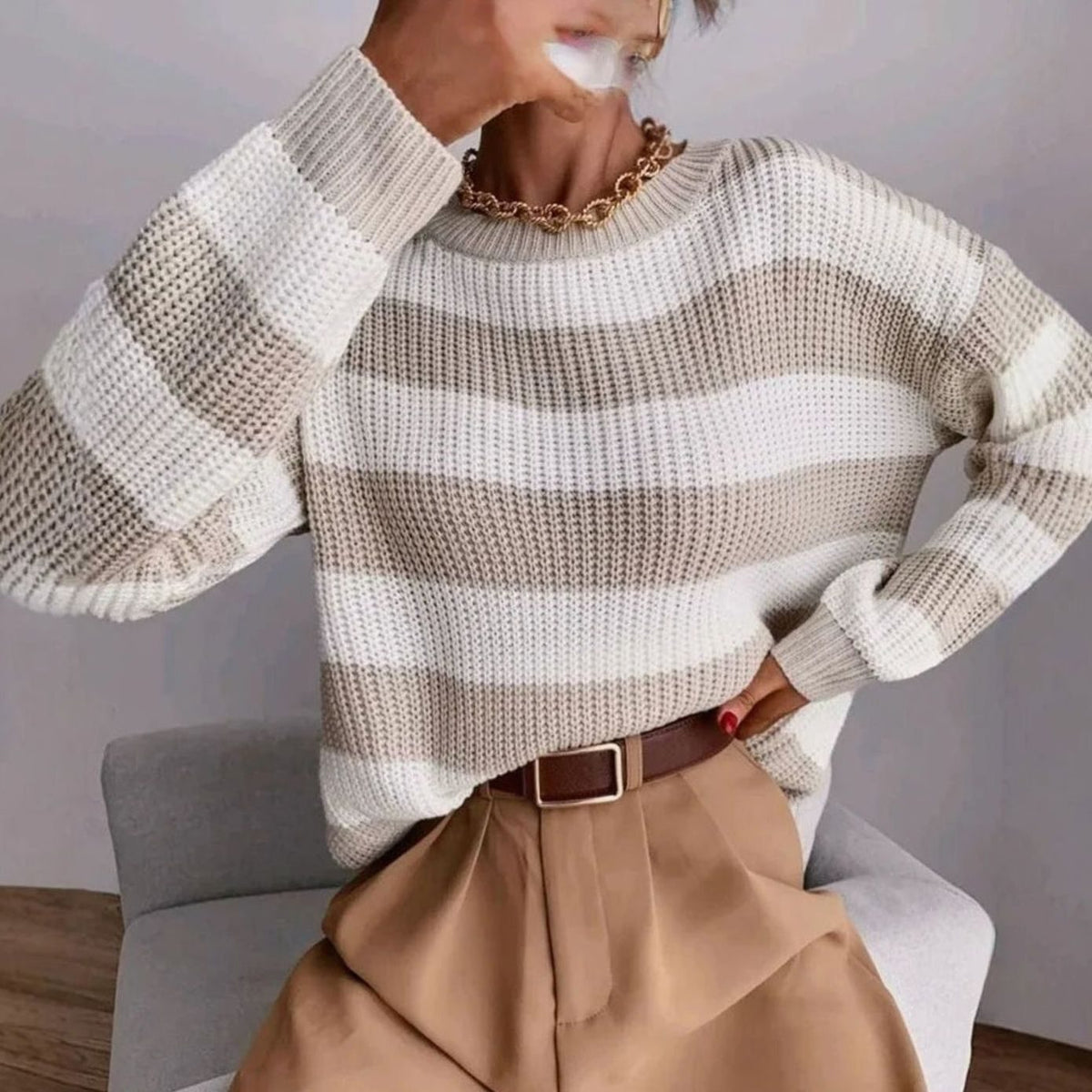 Women's Striped Crew-Neck Jumper with Ribbed Cuffs, Apricot, view 4