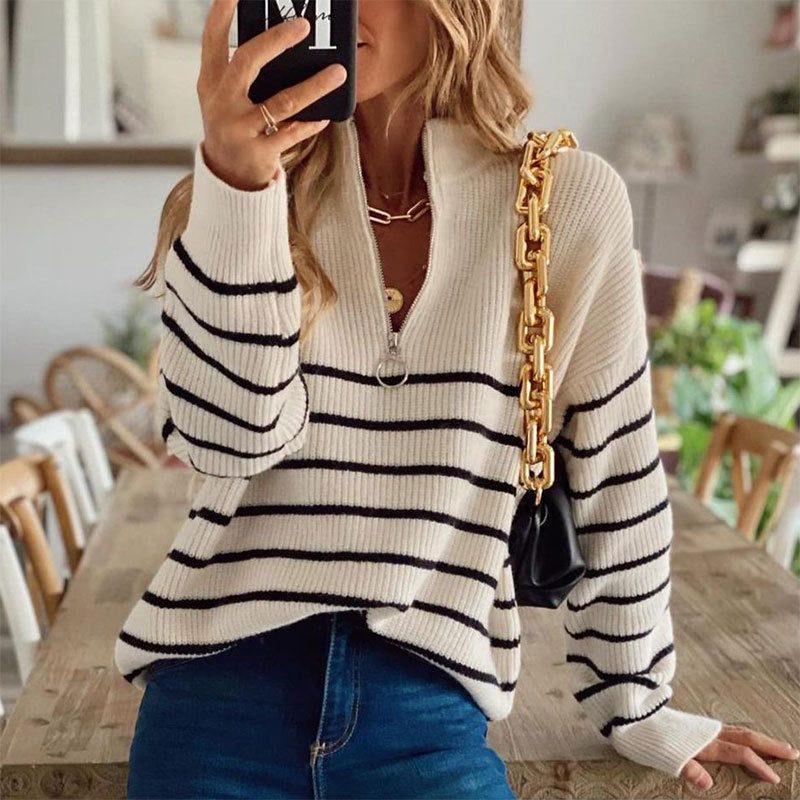Women's Striped Half Zip Knit Jumper with Ribbed Texture, Beige, view 1