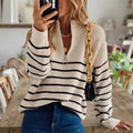 Women's Striped Half Zip Knit Jumper with Ribbed Texture, Beige, view 1