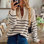 Women's Striped Half Zip Knit Jumper with Ribbed Texture, Beige, view 1