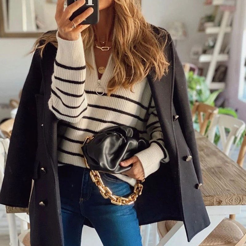 Women's Striped Half Zip Knit Jumper with Ribbed Texture, view 2