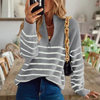 Women's Striped Half Zip Knit Jumper with Ribbed Texture, Grey, view 3