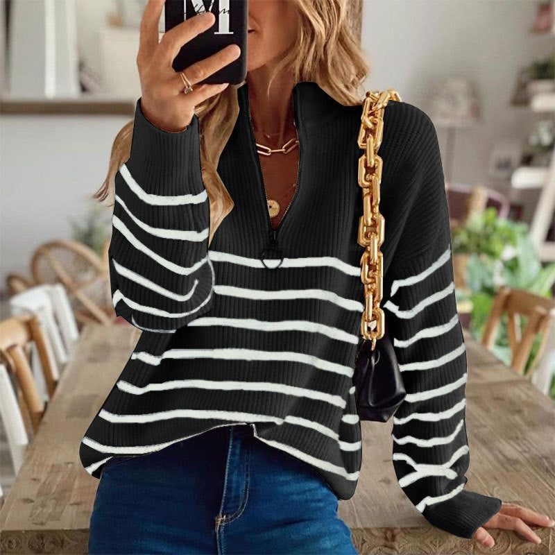 Women's Striped Half Zip Knit Jumper with Ribbed Texture, Black, view 4