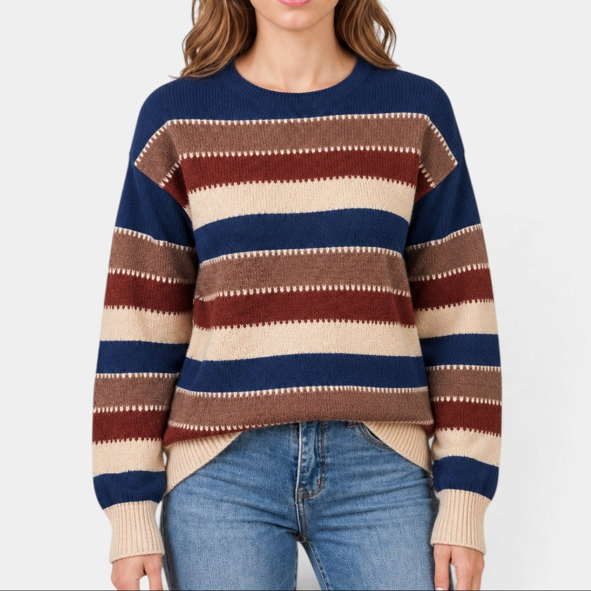 Women's Striped Jumper with Contrast Stitch Detail, Marine Blue, view 1