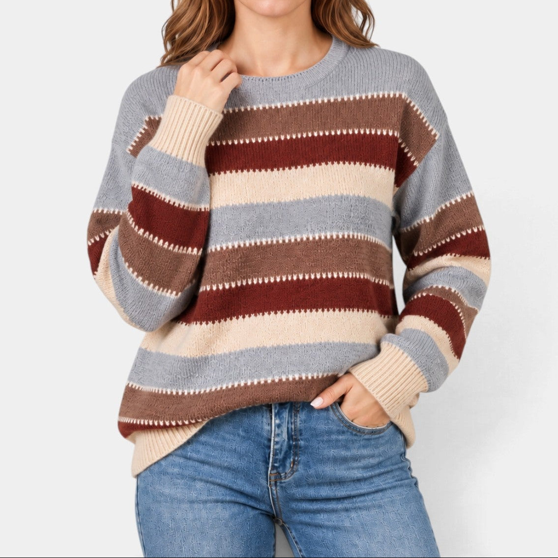 Women's Striped Jumper with Contrast Stitch Detail, Grey, view 4