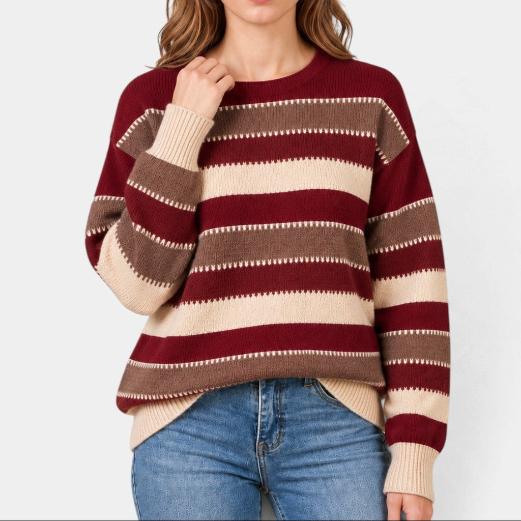 Women's Striped Jumper with Contrast Stitch Detail, Burgundy, view 6