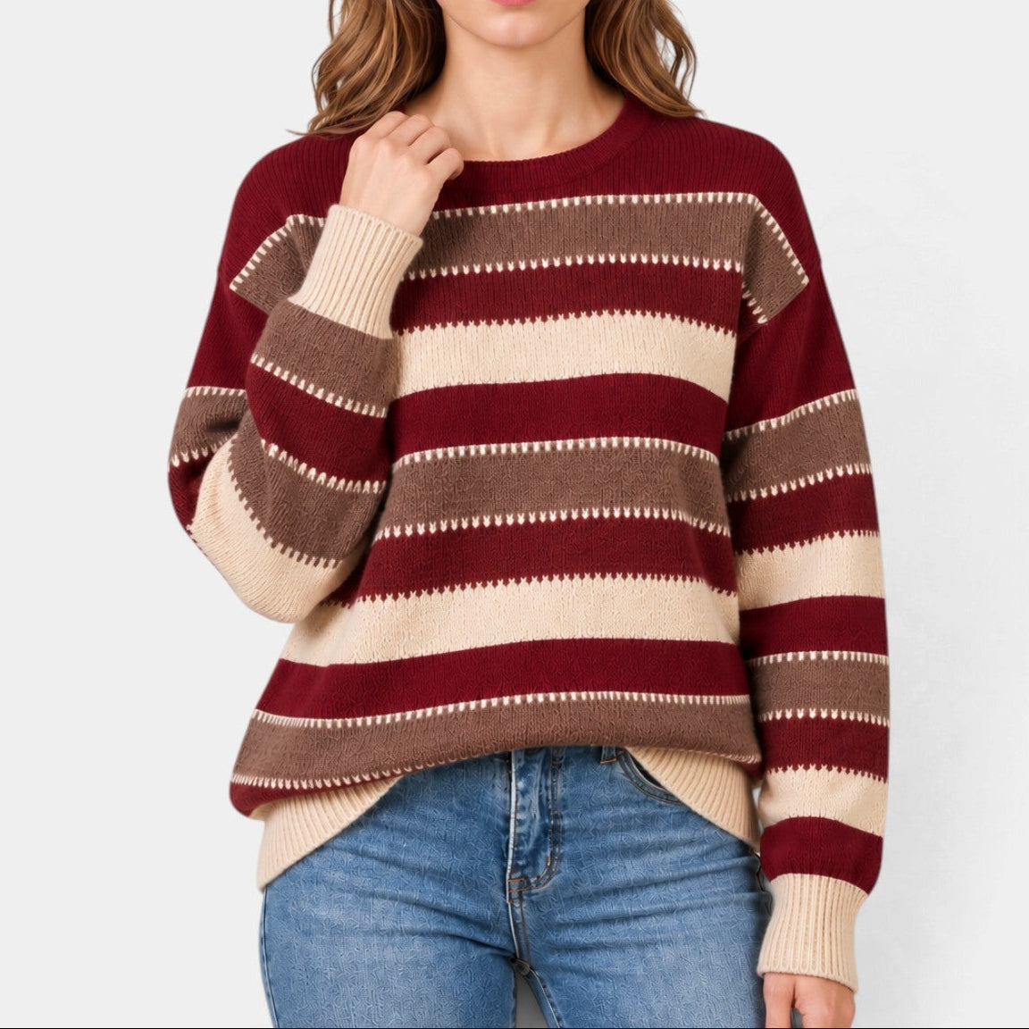 Women's Striped Jumper with Contrast Stitch Detail, Burgundy, view 6