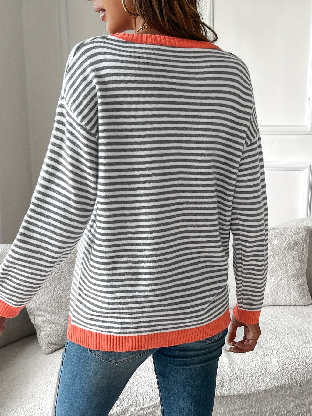 Women's Striped Jumper with Coral Ribbed Trim, view 3