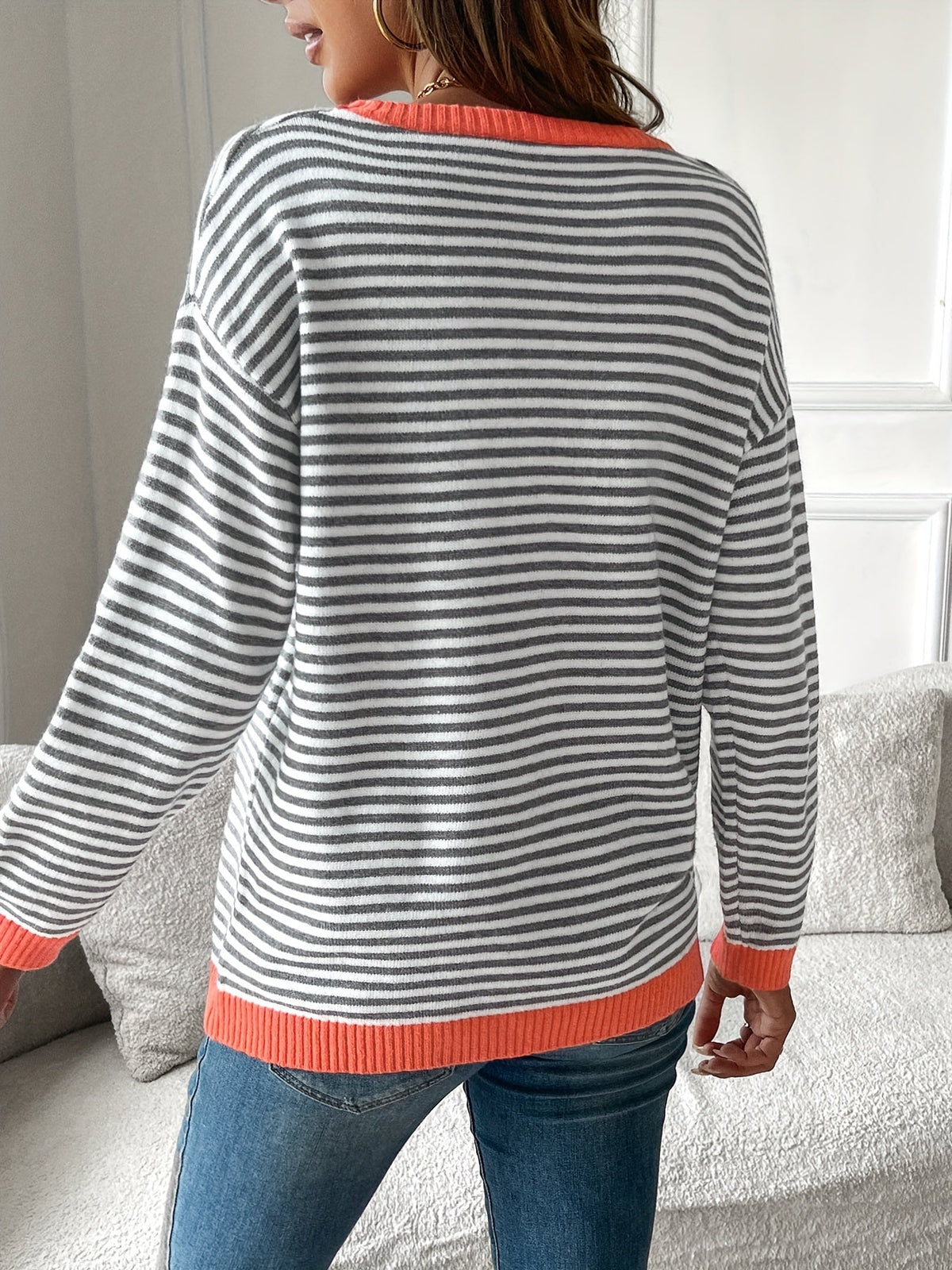 Women's Striped Jumper with Coral Ribbed Trim, view 3