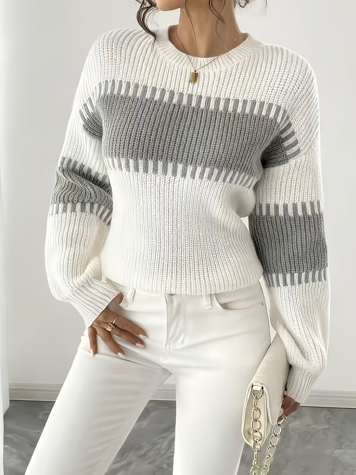 Women's Striped Jumper with Drop Shoulders and Wide Sleeves, Grey, view 1