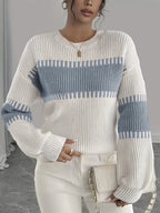 Women's Striped Jumper with Drop Shoulders and Wide Sleeves, Blue, view 2