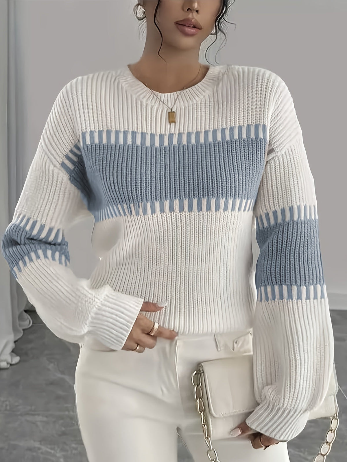 Women's Striped Jumper with Drop Shoulders and Wide Sleeves, Blue, view 2