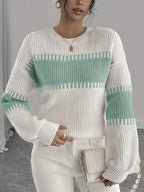 Women's Striped Jumper with Drop Shoulders and Wide Sleeves, Green, view 3