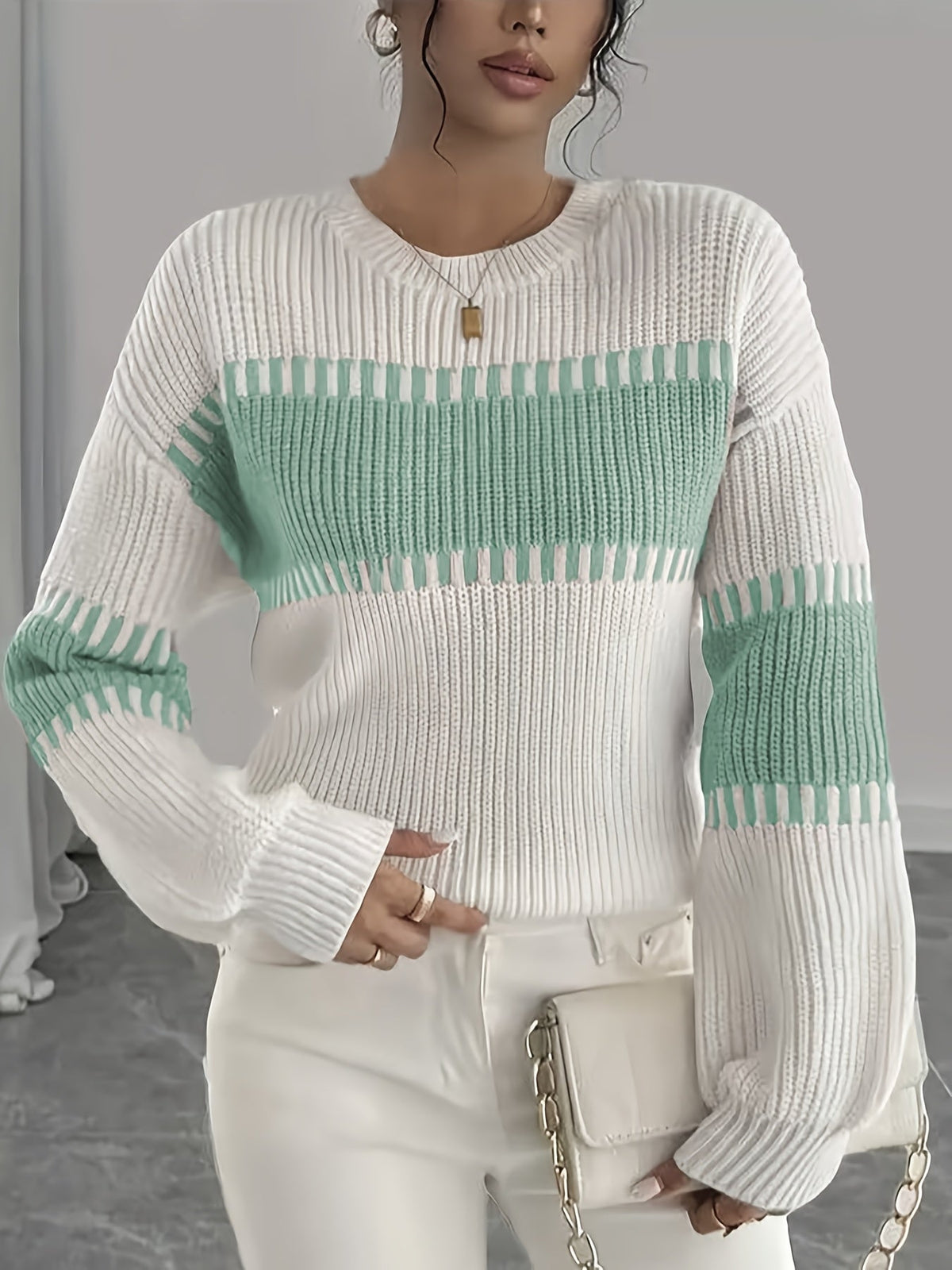 Women's Striped Jumper with Drop Shoulders and Wide Sleeves, Green, view 3