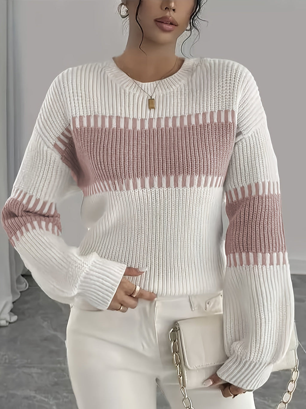 Women's Striped Jumper with Drop Shoulders and Wide Sleeves, Pink, view 4