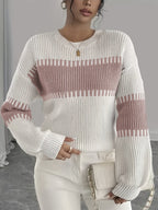 Women's Striped Jumper with Drop Shoulders and Wide Sleeves, Pink, view 4