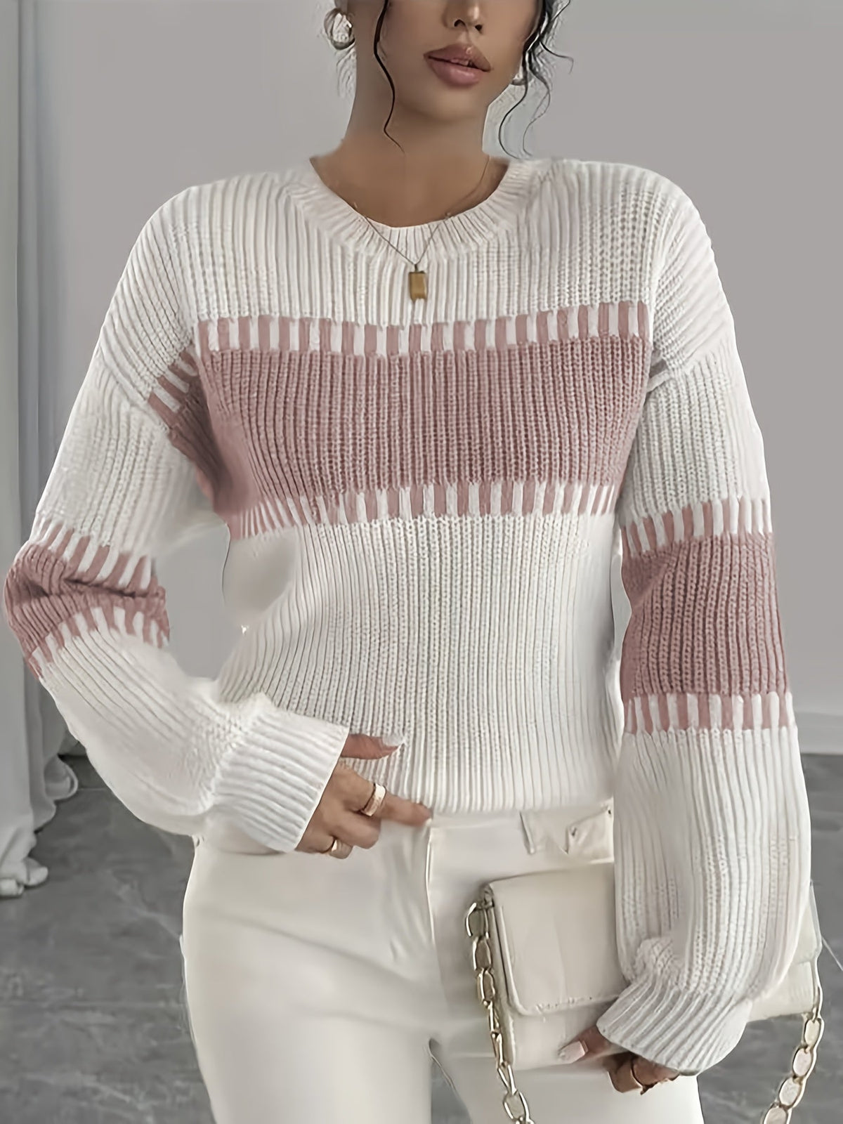 Women's Striped Jumper with Drop Shoulders and Wide Sleeves, Pink, view 4