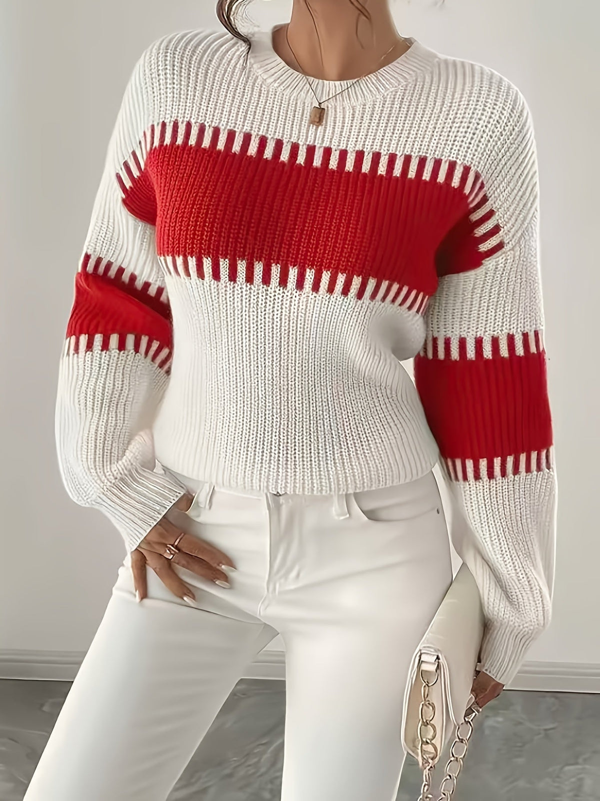 Women's Striped Jumper with Drop Shoulders and Wide Sleeves, Red, view 5