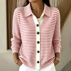 Women's Striped Knit Cardigan with Contrast Button Placket, Pink, view 1