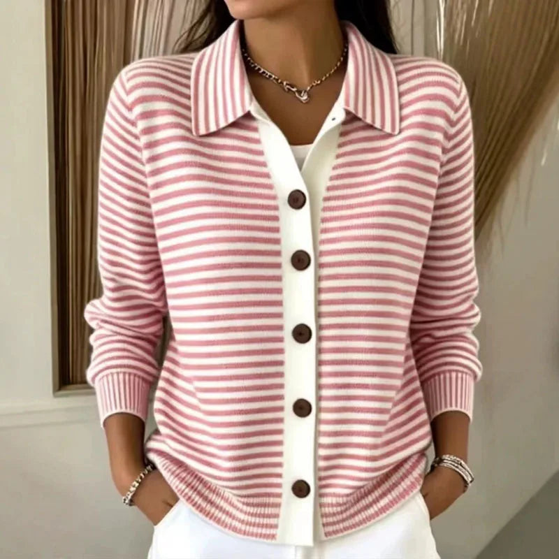 Women's Striped Knit Cardigan with Contrast Button Placket, Pink, view 1