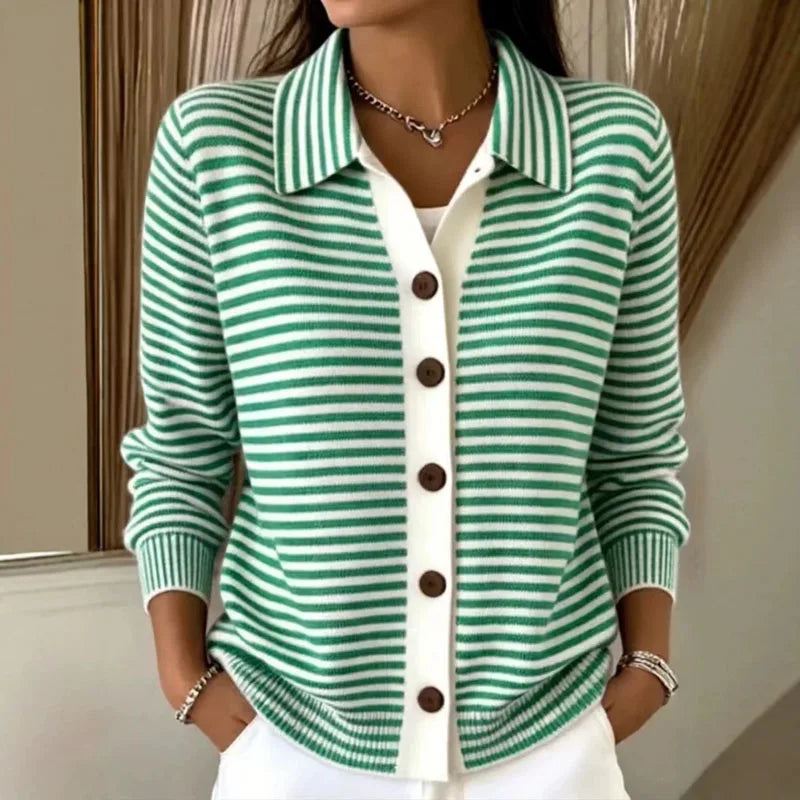Women's Striped Knit Cardigan with Contrast Button Placket, Green, view 2