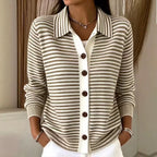 Women's Striped Knit Cardigan with Contrast Button Placket, Brown, view 3