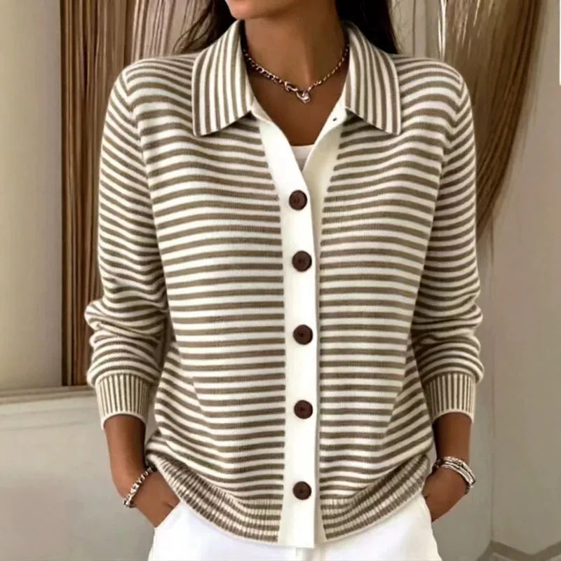 Women's Striped Knit Cardigan with Contrast Button Placket, Brown, view 3