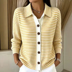 Women's Striped Knit Cardigan with Contrast Button Placket, Yellow, view 4