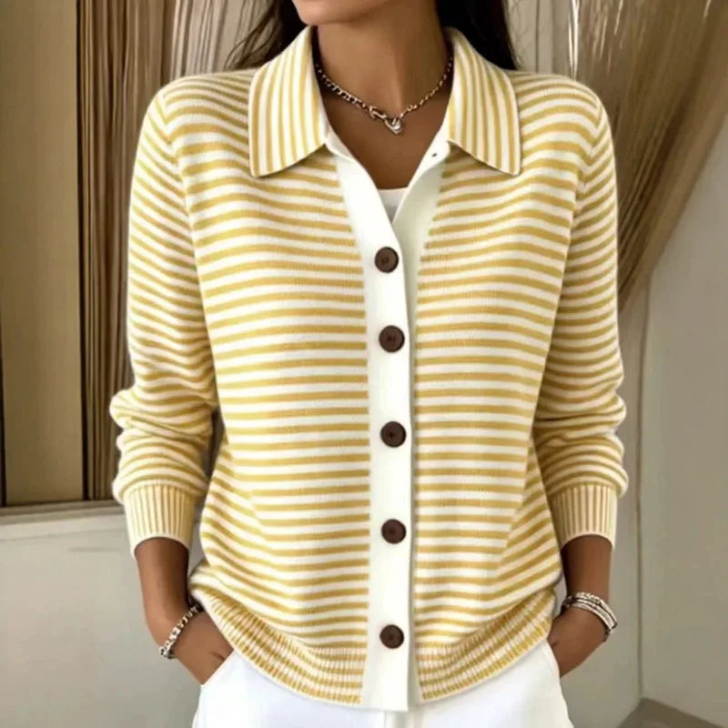 Women's Striped Knit Cardigan with Contrast Button Placket, Yellow, view 4