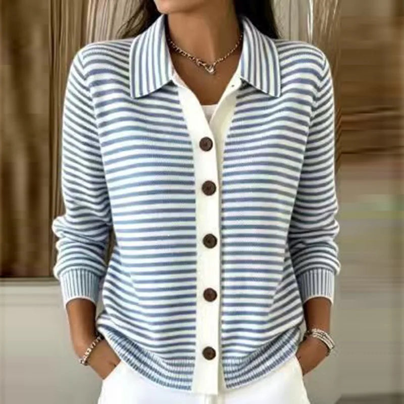 Women's Striped Knit Cardigan with Contrast Button Placket, Blue, view 5