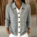 Women's Striped Knit Cardigan with Contrast Button Placket, Black, view 6