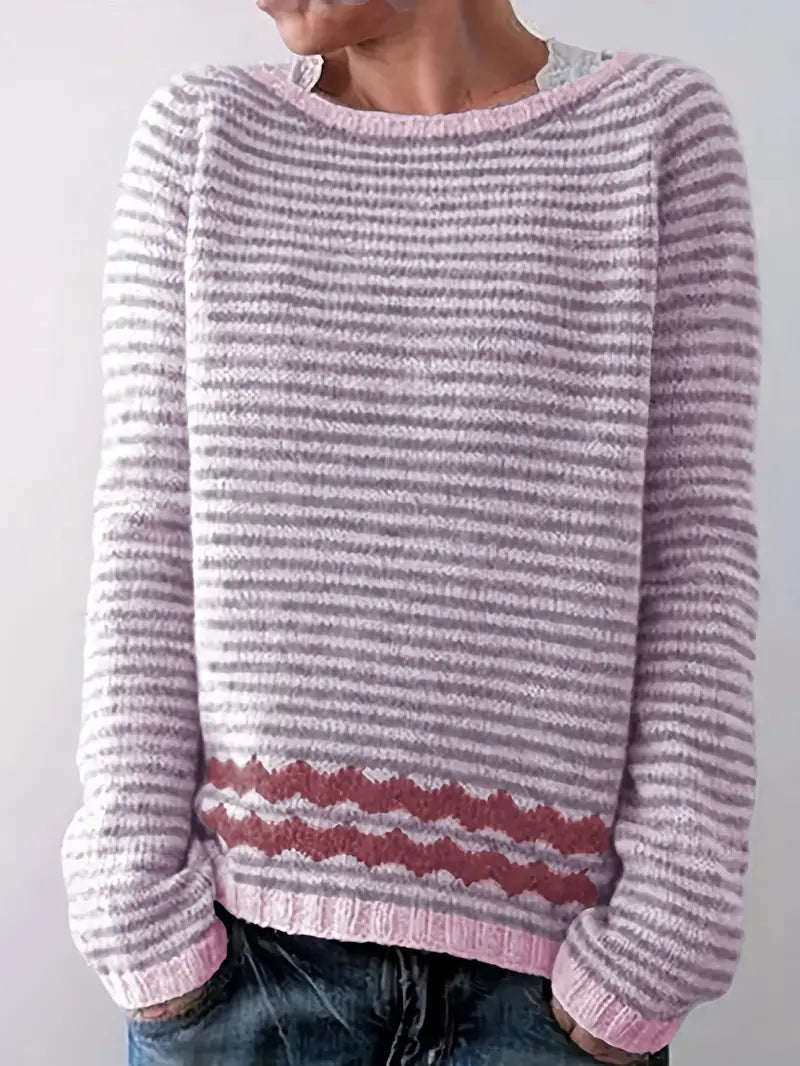 Women's Striped Knit Jumper with Patterned Hem, Pink, view 1