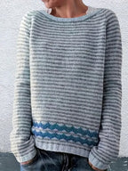 Women's Striped Knit Jumper with Patterned Hem, Blue, view 2