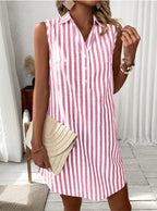 Women's Striped Linen-Look Shirt Dress with Button Front, Pink, view 4