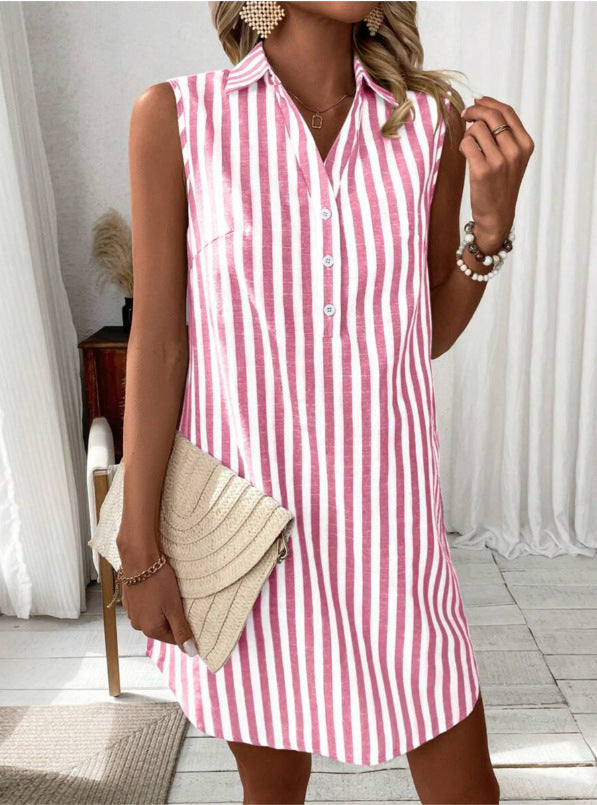 Women's Striped Linen-Look Shirt Dress with Button Front, Pink, view 4