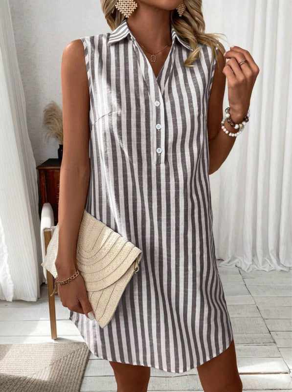 Women's Striped Linen-Look Shirt Dress with Button Front, Black, view 5