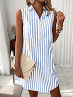Women's Striped Linen-Look Shirt Dress with Button Front, Light Blue, view 6