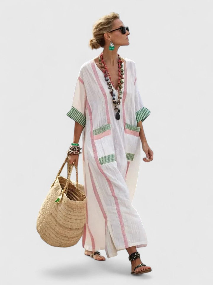 Women's Striped Linen-Style Maxi Dress with V-Neck and Pockets, Pink/Green, view 1