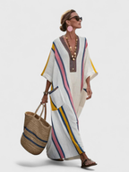 Women's Striped Linen-Style Maxi Dress with V-Neck and Pockets, Pink/Blue, view 2