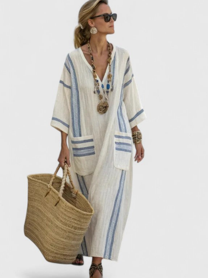 Women's Striped Linen-Style Maxi Dress with V-Neck and Pockets, Blue, view 3