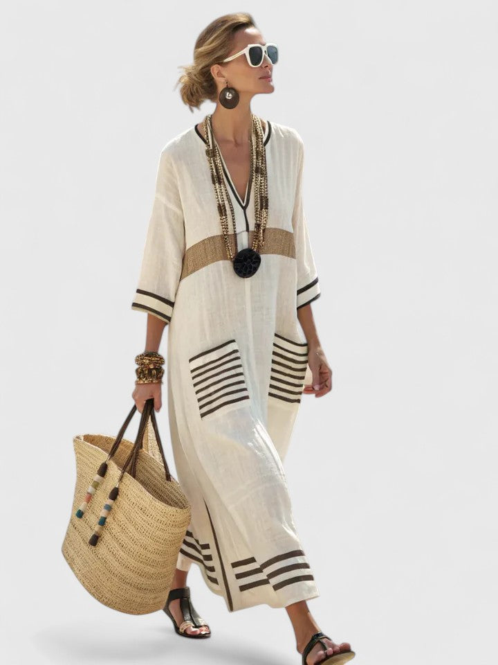 Women's Striped Linen-Style Maxi Dress with V-Neck and Pockets, Black, view 4