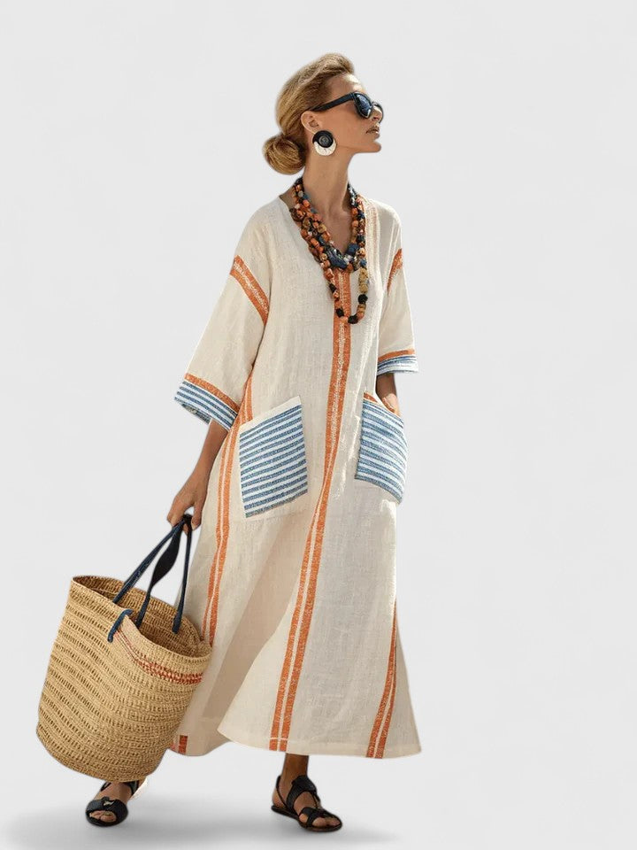 Women's Striped Linen-Style Maxi Dress with V-Neck and Pockets, Orange, view 5