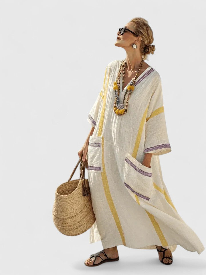 Women's Striped Linen-Style Maxi Dress with V-Neck and Pockets, Yellow, view 6