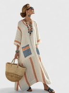 Women's Striped Linen-Style Maxi Dress with V-Neck and Pockets, Dark Orange, view 7