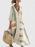 Women's Striped Linen-Style Maxi Dress with V-Neck and Pockets, Green, view 8