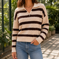 Women's Striped Open Collar Diamond Knit Jumper, Cream, view 1