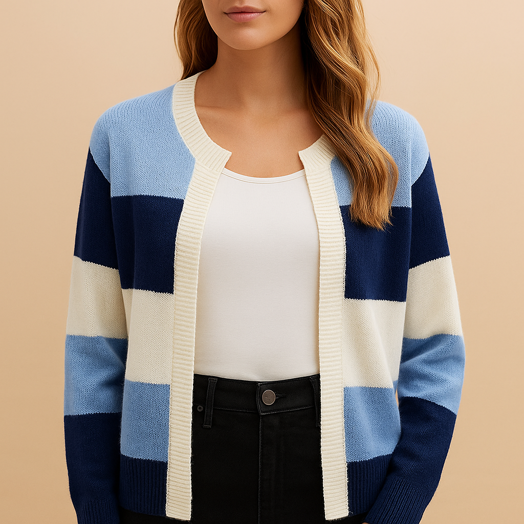 Women's Striped Open Front Cardigan with Colour Block Pattern, Blue White, view 1