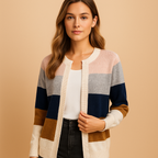 Women's Striped Open Front Cardigan with Colour Block Pattern, Grey Pink, view 2