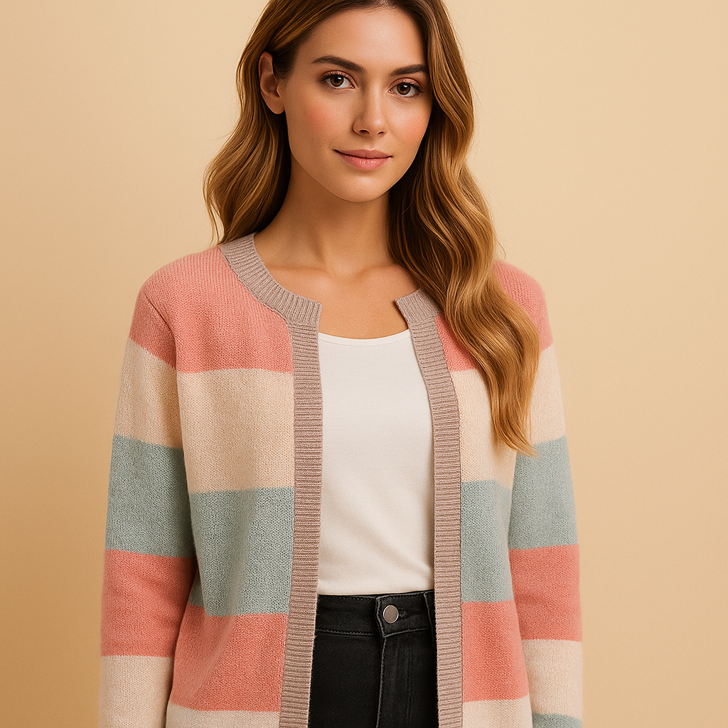 Women's Striped Open Front Cardigan with Colour Block Pattern, Pink Green, view 3